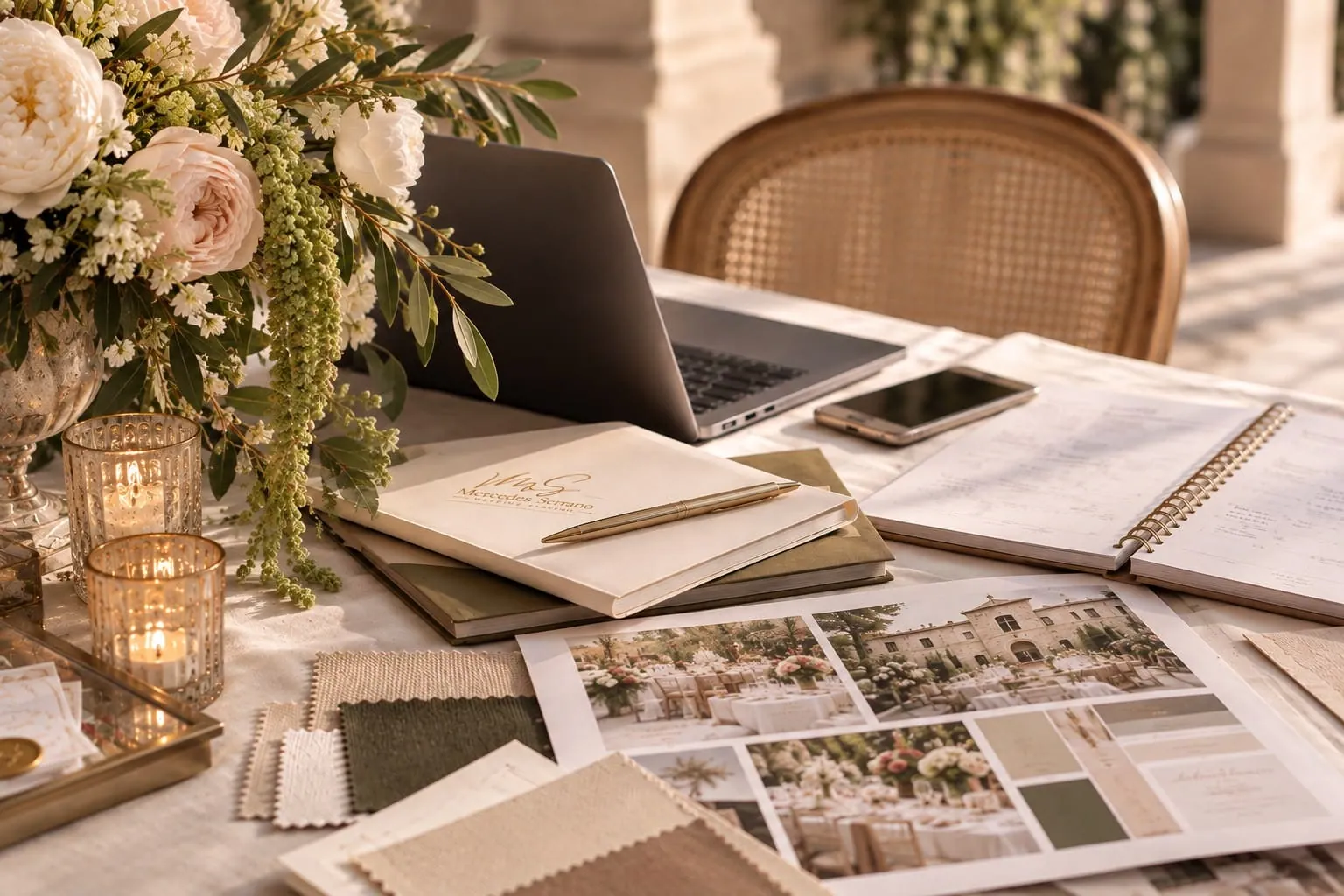 The planner’s desk with a laptop, Mercedes Serrano’s notebook, fabric samples and a moodboard